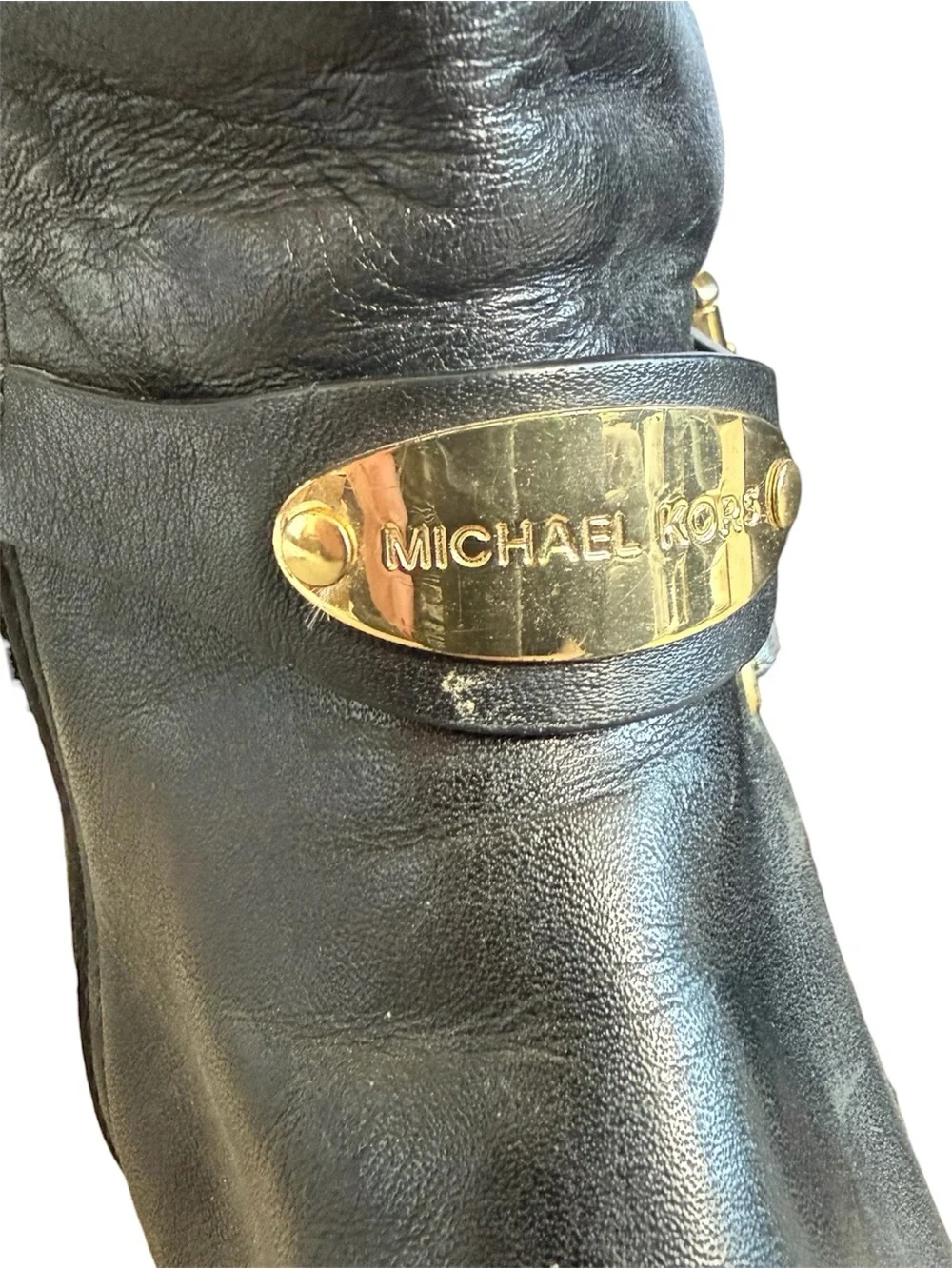 MICHAEL KORS Black Leather Riding Boots Gold Logo Buckle Side Zip Women’s 8.5